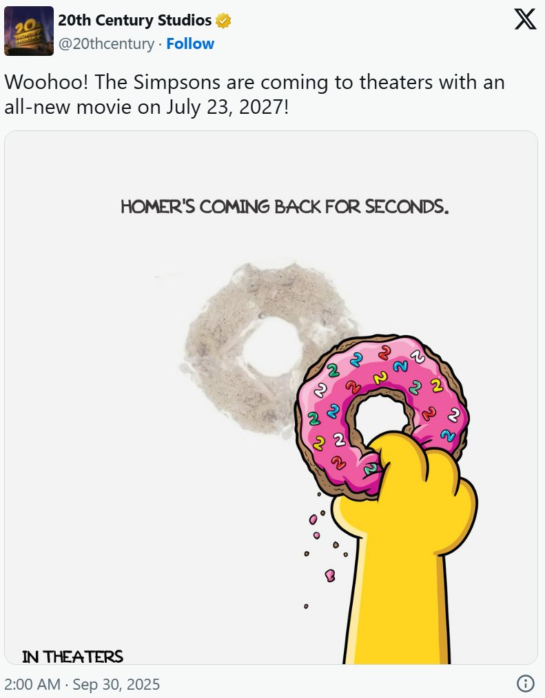 《辛普森一家》睽违20年再登大银幕 续集电影定档2027年暑期